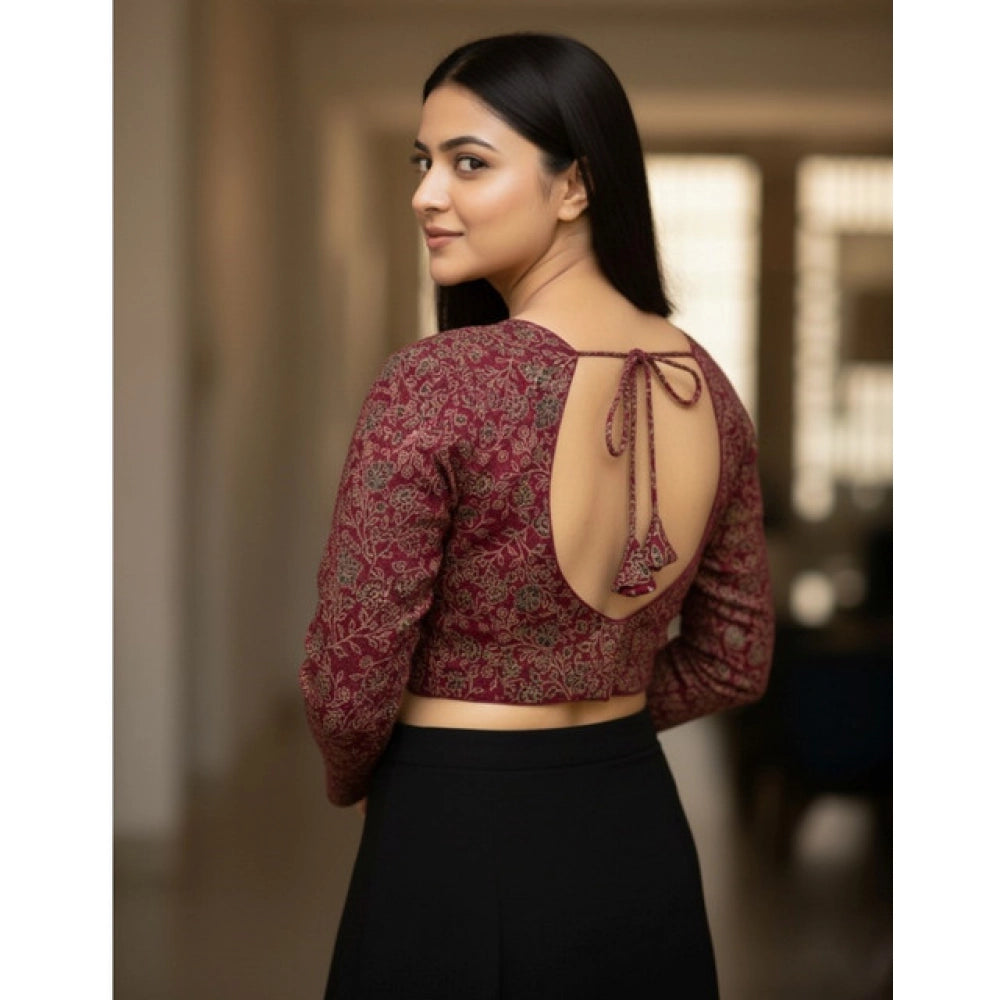 Maroon Ajrakh Cotton Printed V-Neck Padded Blouse - Self-alterable 36-40, vibrant cultural design on women's full sleeve top