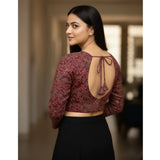Maroon Ajrakh Cotton Printed V-Neck Padded Blouse - Self-alterable 36-40, vibrant cultural design on women's full sleeve top