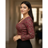 Maroon Ajrakh cotton printed V-neck padded blouse with full sleeves, self-alterable 36-40 size