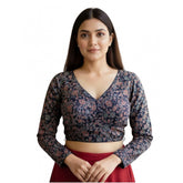 Navy Ajrakh cotton printed padded V-neck blouse with full sleeves, self-alterable for sizes 36-40