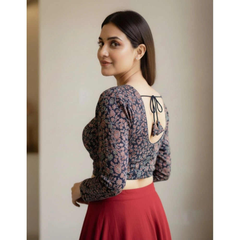 Navy Ajrakh cotton printed V-neck padded blouse with full sleeves, self-alterable size 36-40