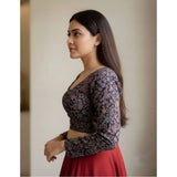 Navy Ajrakh cotton printed padded V-neck blouse with full sleeves, ideal for self-alteration between sizes 36-40