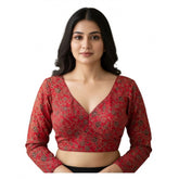 Red Ajrakh Cotton Printed V-Neck Blouse with Padded Sleeves, self-alterable 36-40 size for women's fashion