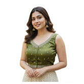 Olive Zimmi Choo sequin work V-neck padded blouse (self alterable 36-40), sleeveless with back hook closure, fashionable office attire on model