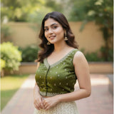 Olive Zimmi Choo sequin work V-neck padded blouse, self alterable 36-40 size, back hook closure, sleeveless