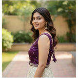 Purple Zimmi Choo sequin work V-neck padded blouse (self-alterable 36-40) on hanger, back hook closure for women's formal wear