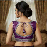 Purple Zimmi Choo sequin work V-neck padded blouse (self alterable 36-40) - stylish women's office wear with back hook closure, close-up view of shimmering sequins