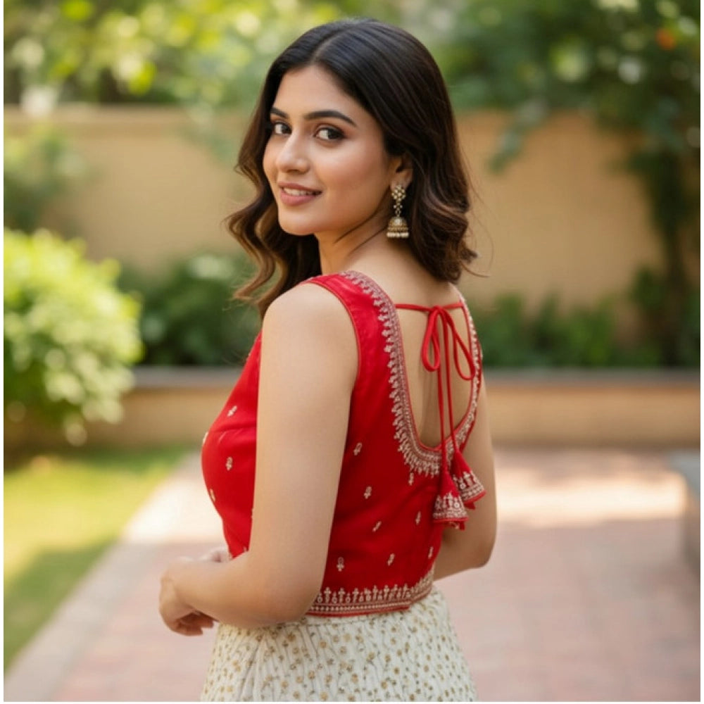 Red Zimmi Choo sequin work V-neck padded blouse for women (ready size 38, self-alterable 36-40) on model