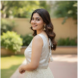 White Zimmi Choo sequin work V-neck padded blouse for women, self-alterable 36-40 size