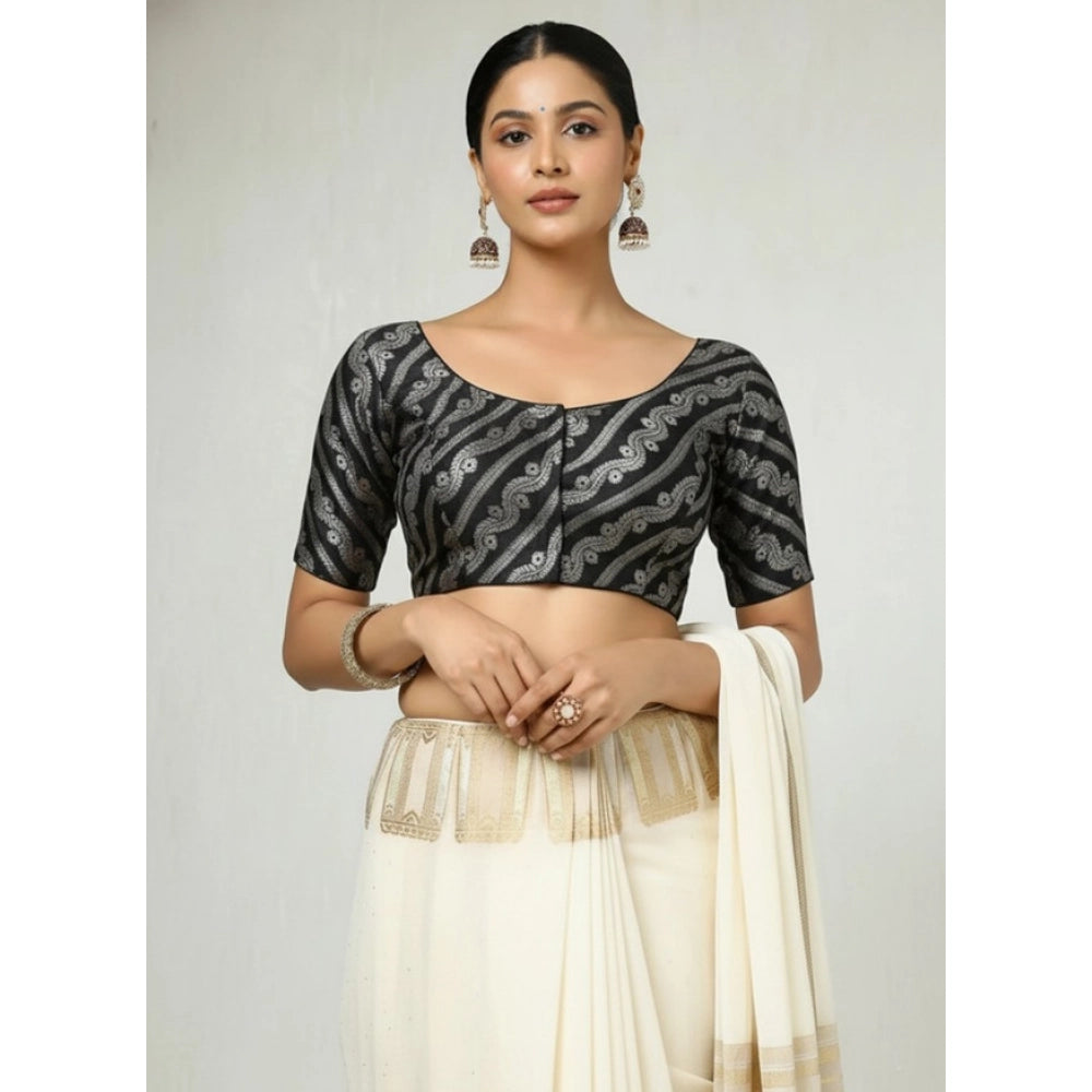 Black jacquard Zari round neck padded blouse with adjustable fit (38/36-40)