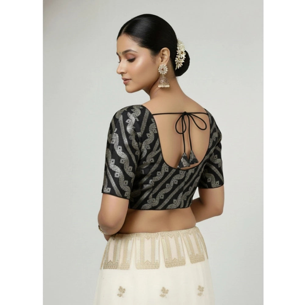 Black jacquard Zari round neck padded blouse (self-alterable 36-40)