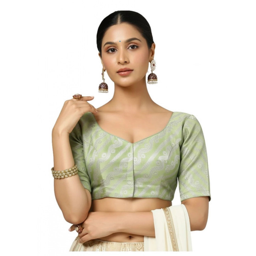 Light green jacquard Zari round neck padded blouse (self alterable 36-40)