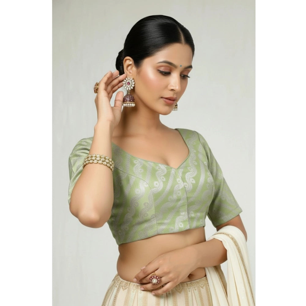 Light Green Jacquard Zari padded round neck blouse (self-alterable 36-40) on hanger, stylish women's casual wear for work or leisure