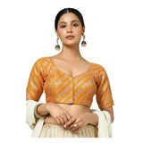 Orange jacquard zari round neck padded blouse (self-alterable 36-40) on mannequin
