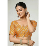 Orange jacquard Zari round neck padded blouse with self-alterable size 36-40, half-sleeves