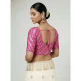 Women's Jacquard Zari Round Neck Padded Blouse (Pink 38 Ready (Self Alterable 36–40)