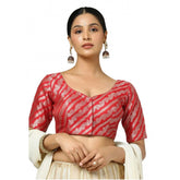 Red jacquard Zari round neck padded blouse with self-alterable sizes (36-40)