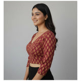 Maroon Ajrakh Cotton Printed Halter Neck Padded Blouse for Women (Self-alterable 36-40), authentic ethnic Indian fashion on display