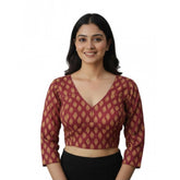 Maroon Ajrakh cotton printed halter neck padded blouse with long sleeves, self-alterable size 36-40 on mannequin
