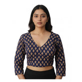 Navy Ajrakh cotton printed padded halter neck blouse (38), self-alterable 36-40, women's vintage ethnic fashion on mannequin