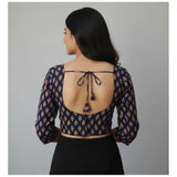 Navy Ajrakh Cotton Printed Halter Neck Blouse with Padded Sleeves - Self-alterable size 36-40