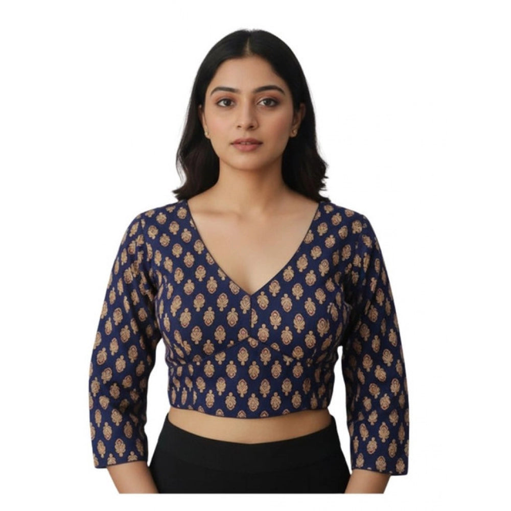 Navy Ajrakh cotton printed halter neck padded blouse with long sleeves on hanger (self-alterable 36-40)