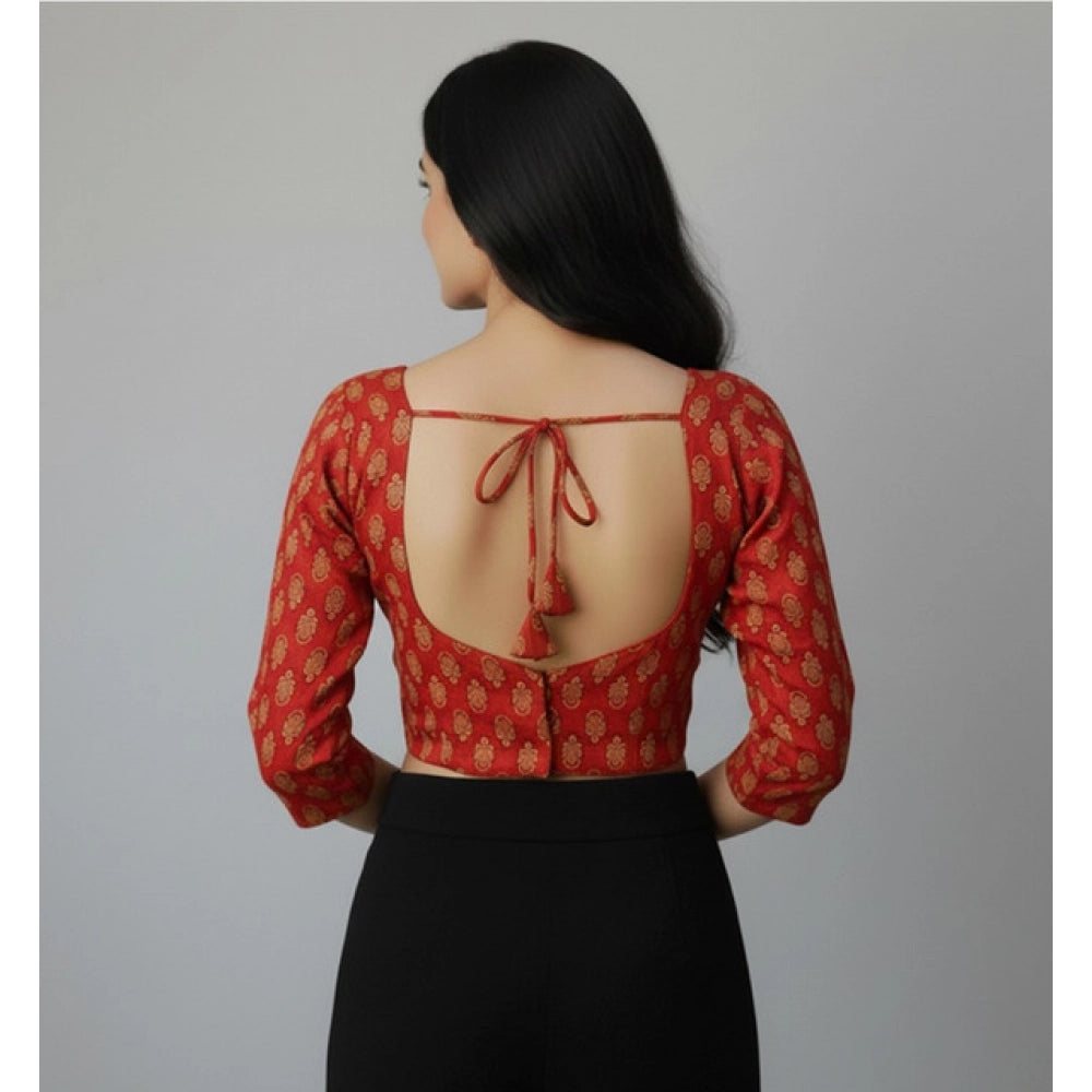 Red Ajrakh Cotton Printed Halter Neck Padded Blouse, long sleeves, self-alterable 36-40