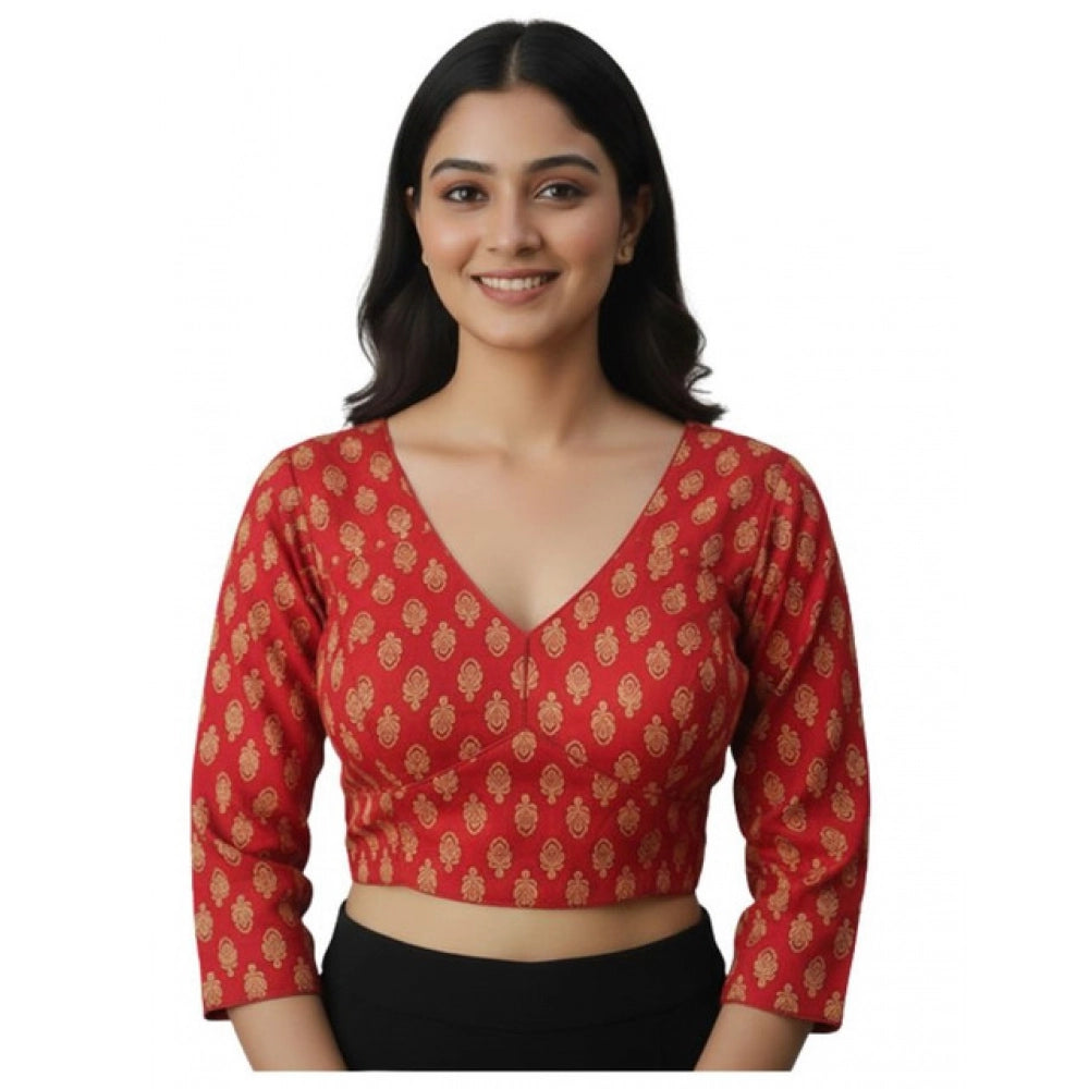 Red Ajrakh cotton printed halter neck padded blouse with long sleeves, self-alterable for sizes 36-40