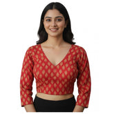 Red Ajrakh cotton printed halter neck padded blouse with long sleeves, self-alterable for sizes 36-40