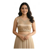 Beige Zimmi Choo embroidered v-neck padded blouse (self alterable 36-40) on hanger, intricate floral pattern detailing