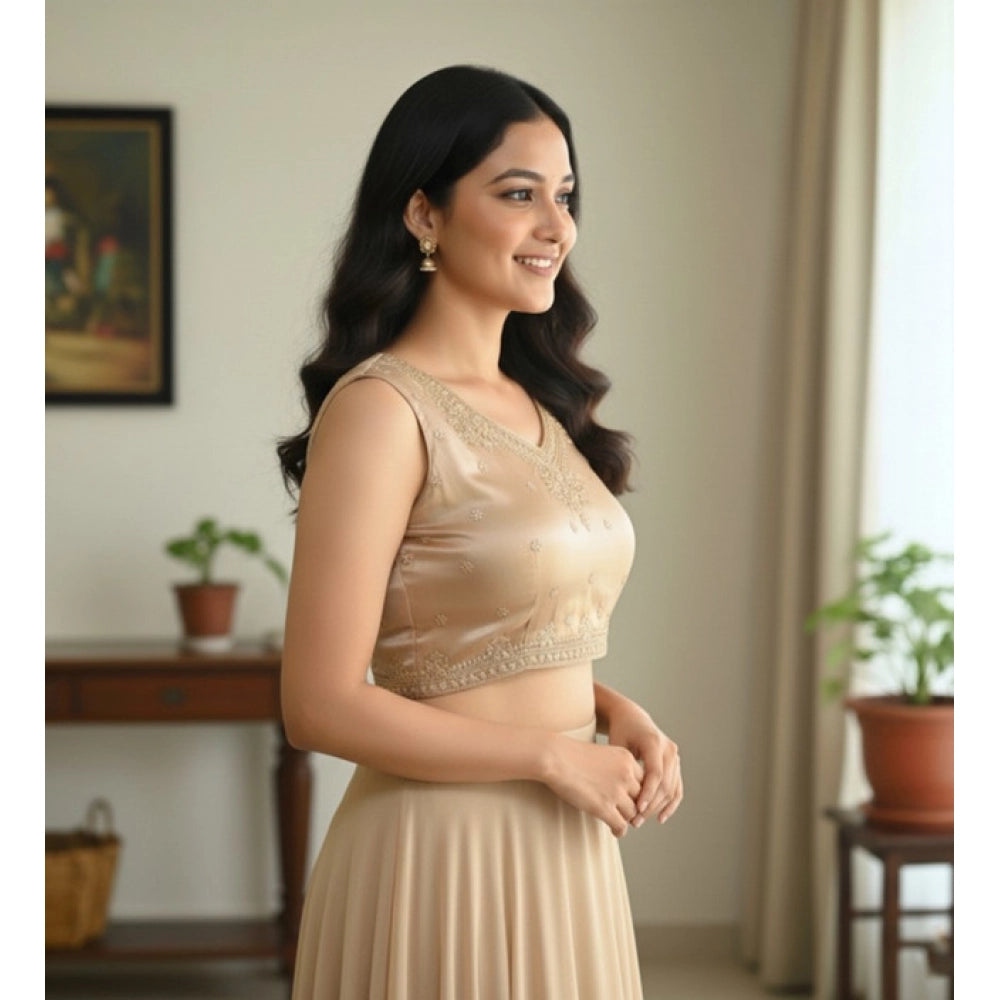 Beige Zimmi Choo embroidered V-neck padded blouse (self-alterable 36-40) - women's fashion clothing on mannequin