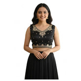 Black Zimmi Choo embroidered padded V-neck blouse with short sleeves (self alterable 36-40)