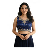 Navy Zimmi Choo embroidered padded V-neck blouse with short sleeves