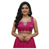 Pink Zimmi Choo embroidered v-neck padded blouse (self-alterable 36-40) on hanger, close-up view of intricate embroidery details