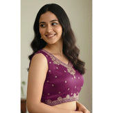 Purple Zimmi Choo embroidered v-neck padded blouse with short sleeves, self alterable for sizes 36-40