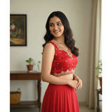 Women's Zimmi Choo Embroidered V-Neck Padded Blouse (Red 38 Ready (Self Alterable 36–40)