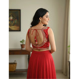 Red Zimmi Choo embroidered v-neck padded blouse (38 ready, self-alterable 36-40) - elegant women's fashion on display stand