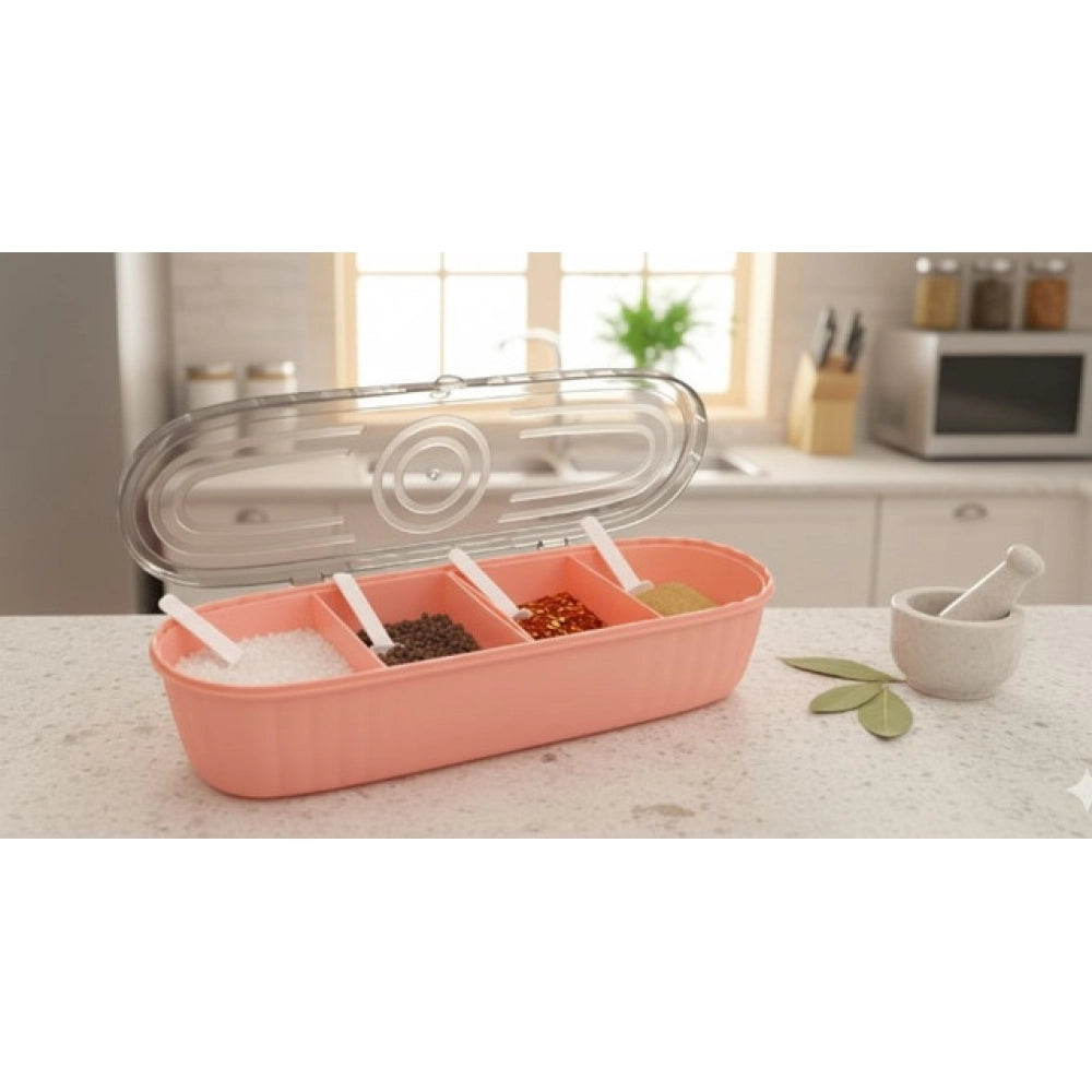 Multicolor plastic organizer box, durable 4-grid design Made In India with included spoon for everyday use