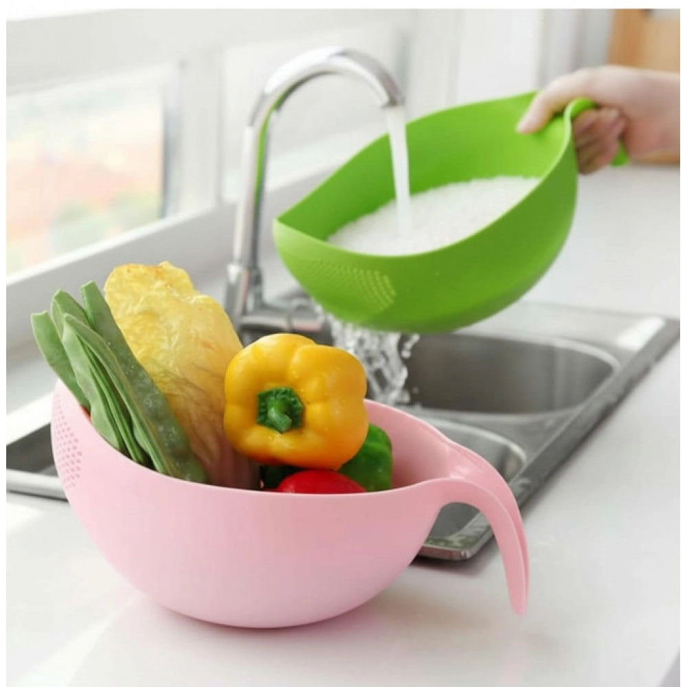 Multi-colored plastic rice bowl for vegetable and fruit washing, ideal for kitchen prep
