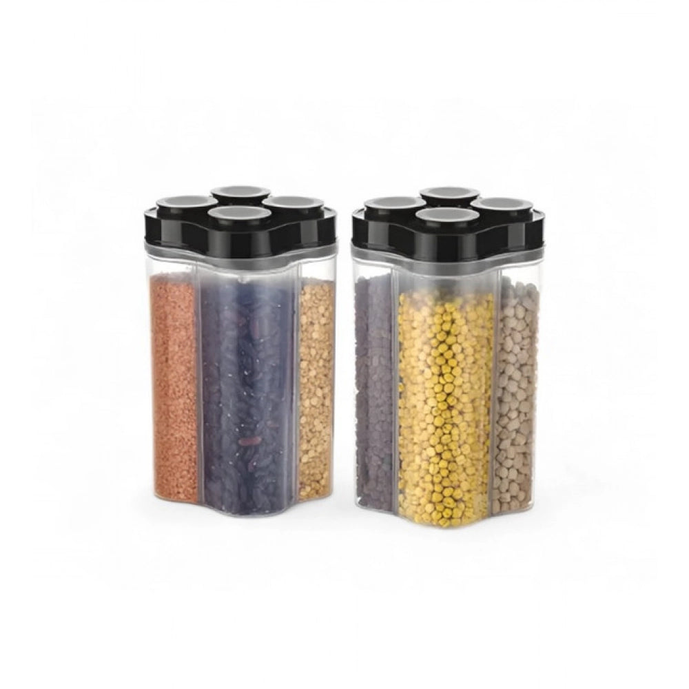 Multicolor plastic storage jars, 4-section food containers for grocery, kitchen organization