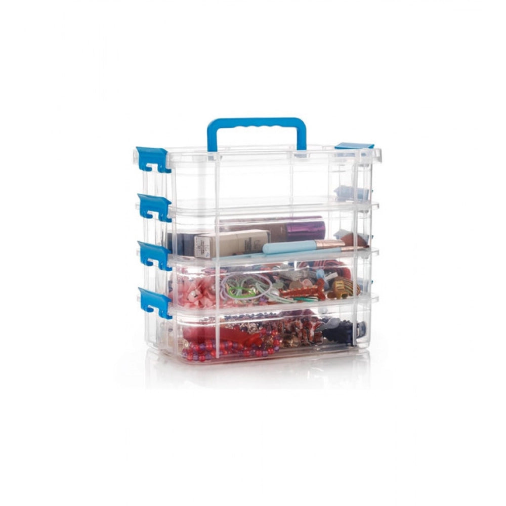 Multi-colored plastic storage box with four layers for organizing items, perfect for home or office use