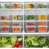Multicolor plastic fridge organizer box with stackable dividers for large serving tray, improving food storage efficiency
