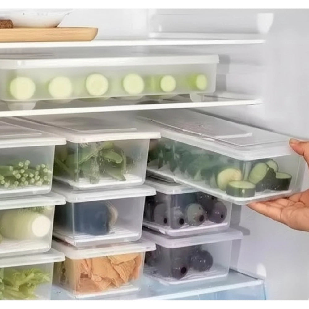 Multi-colored plastic food container set with dividers, large serving tray for fridge organization
