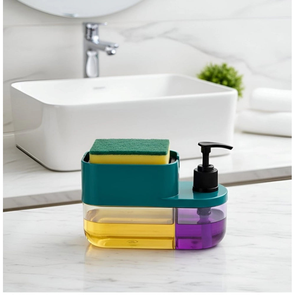 Multicolor plastic 3-in-1 soap dispenser with sponge holder, easy one-hand pump action for quick and convenient use