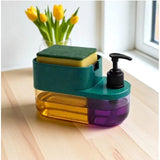 Multicolor plastic 3-in-1 soap dispenser with sponge holder, easy one-hand pump action for quick soap dispensing
