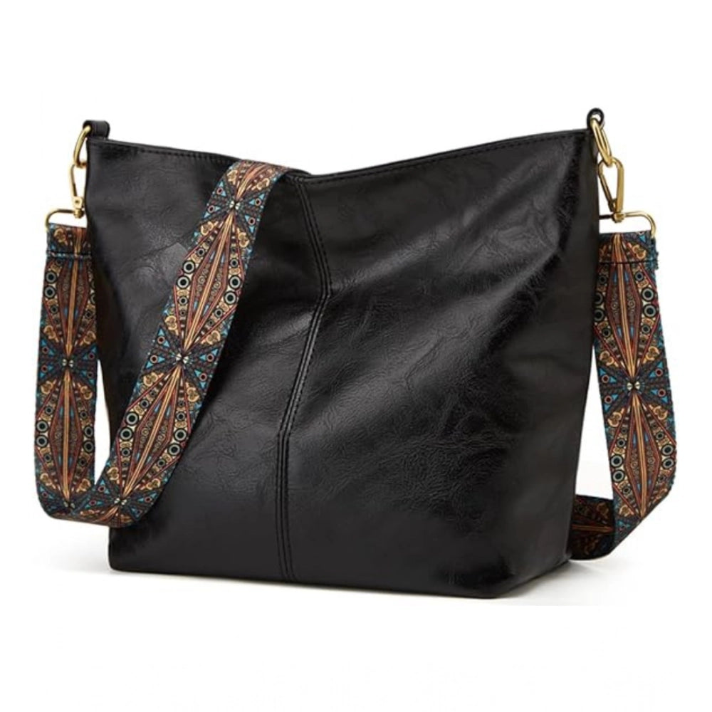 Black PU leather medium zipper handbag for women