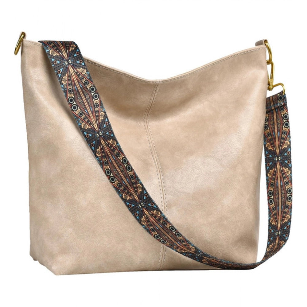 Beige PU leather zipper handbag for women, medium size, durable accessory