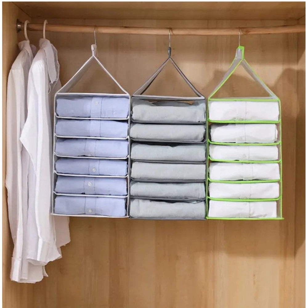 White ABS plastic hanging organizer with 6 shelves for closet storage, wall mountable fabric closet solution
