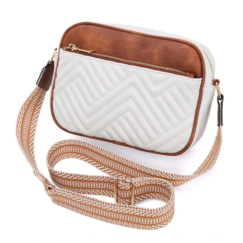 White PU leather zipper sling bag, medium size for women's everyday essentials