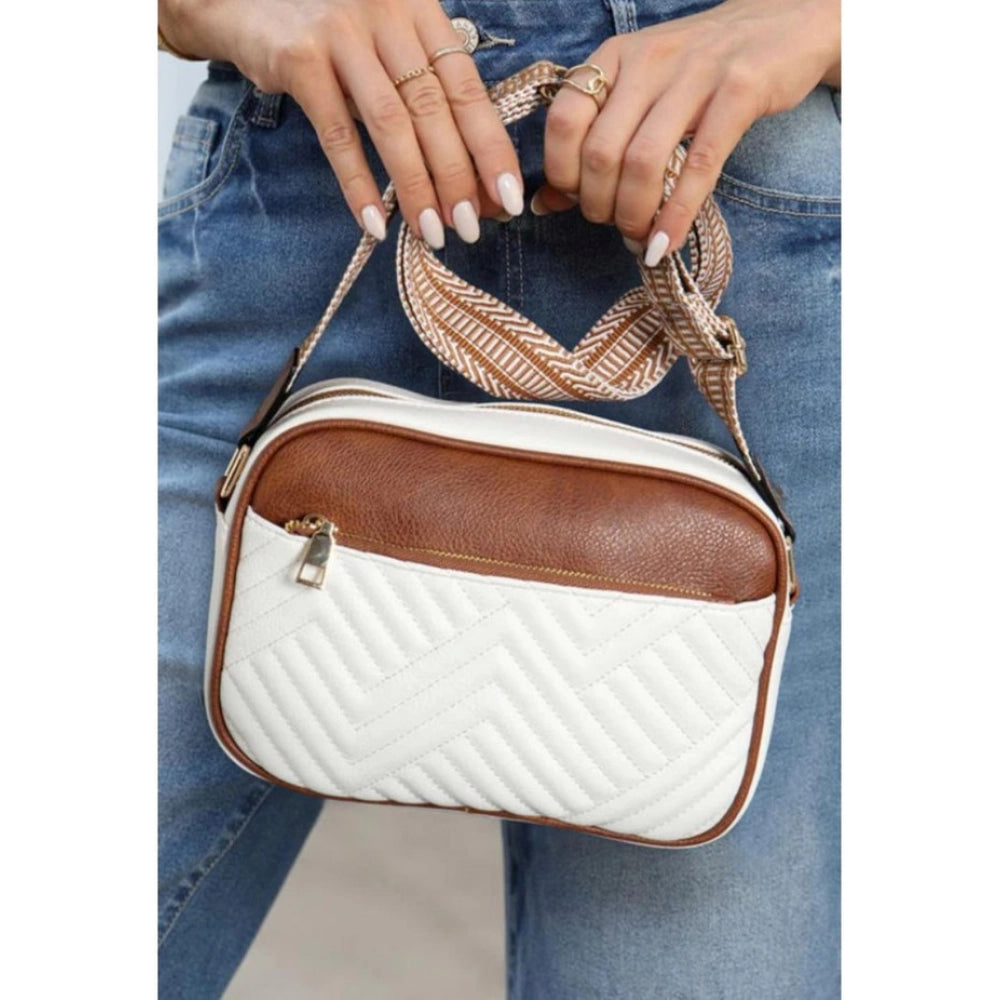 White PU leather sling bag, medium size with zipper closure